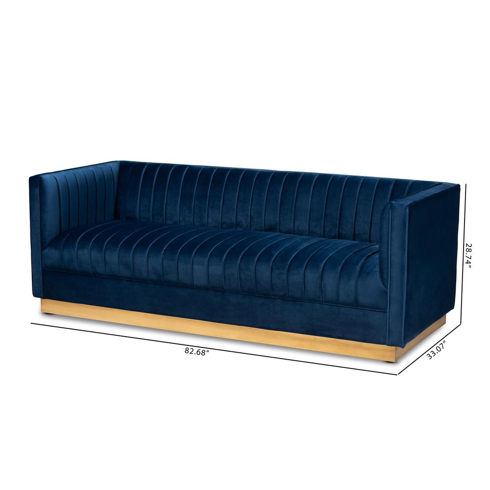 Luxe Navy Blue Velvet Fabric Upholstered Brushed Gold Finished Sofa. Picture 18
