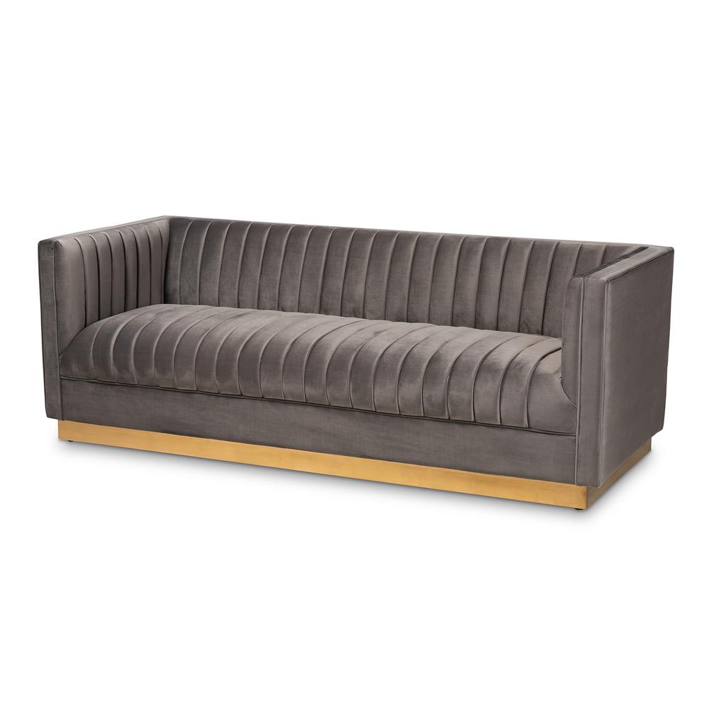Baxton Studio Aveline Glam and Luxe Grey Velvet Fabric Upholstered Brushed Gold Finished Sofa. Picture 12