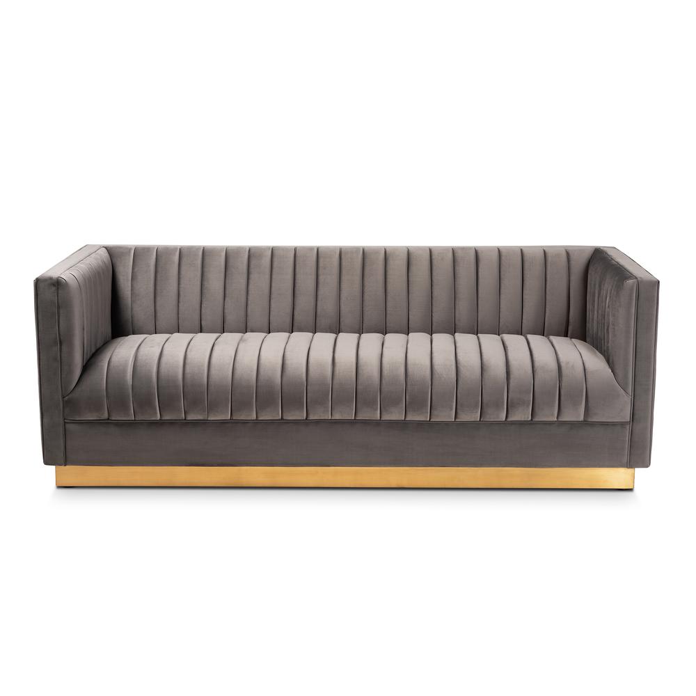 Baxton Studio Aveline Glam and Luxe Grey Velvet Fabric Upholstered Brushed Gold Finished Sofa. Picture 13