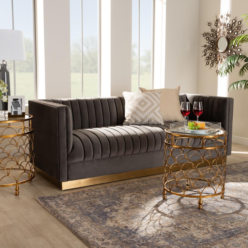Baxton Studio Aveline Glam and Luxe Grey Velvet Fabric Upholstered Brushed Gold Finished Sofa. Picture 8