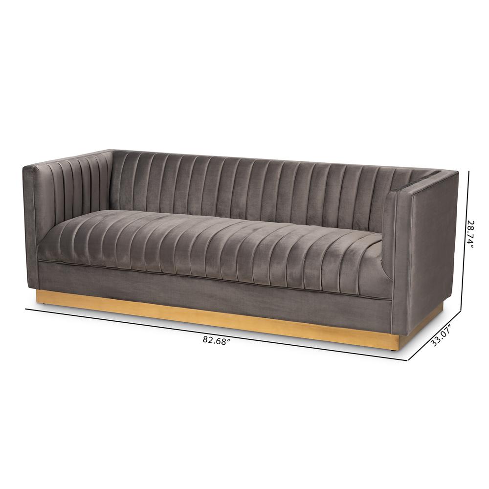 Baxton Studio Aveline Glam and Luxe Grey Velvet Fabric Upholstered Brushed Gold Finished Sofa. Picture 20