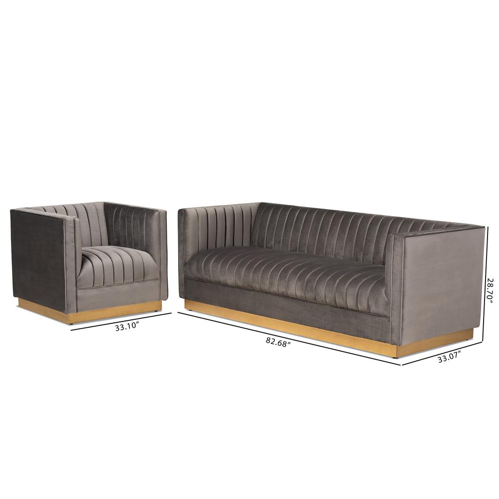 Baxton Studio Aveline Glam and Luxe Grey Velvet Fabric Upholstered Brushed Gold Finished 2-Piece Living Room Set. Picture 17