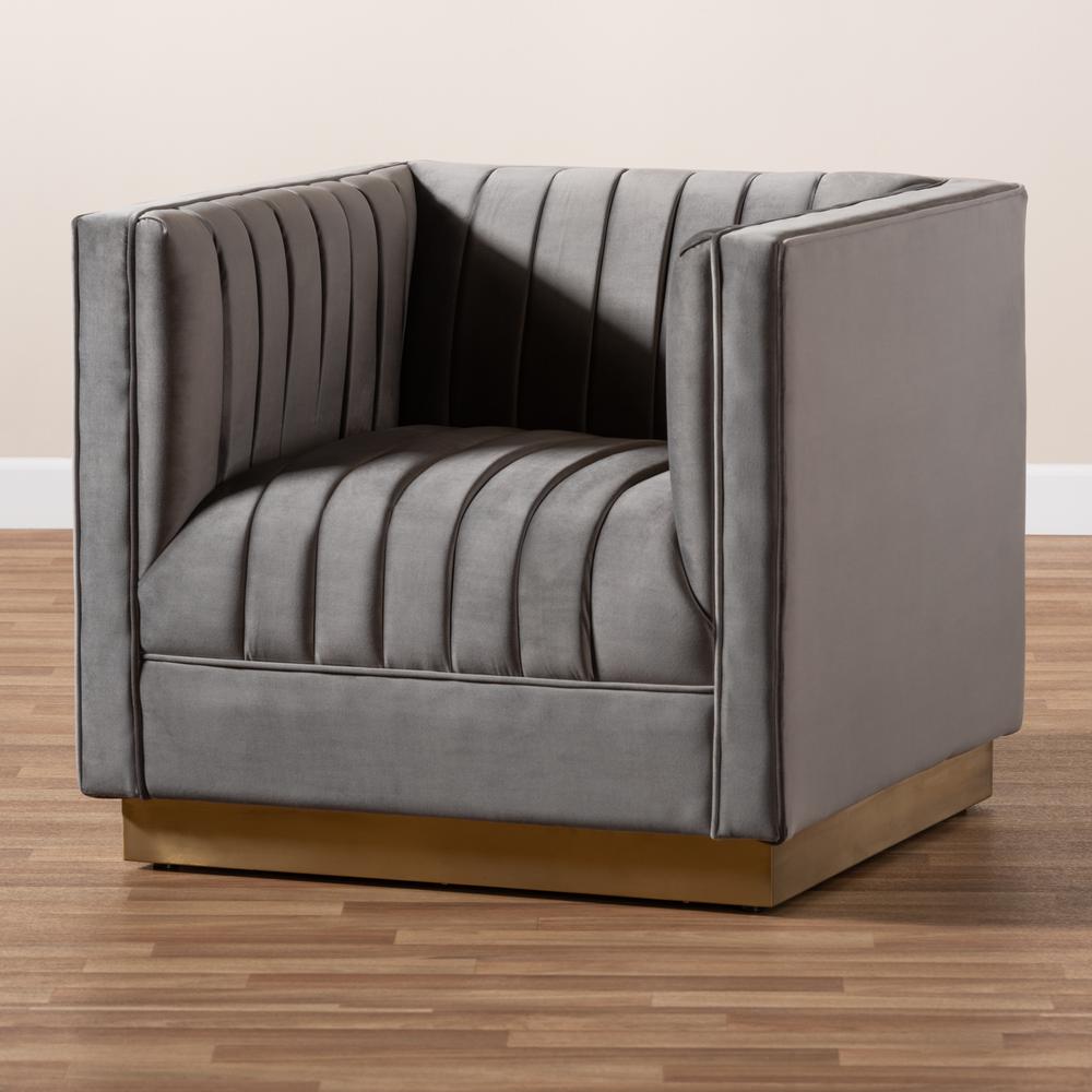 Baxton Studio Aveline Glam and Luxe Grey Velvet Fabric Upholstered Brushed Gold Finished Armchair. Picture 9