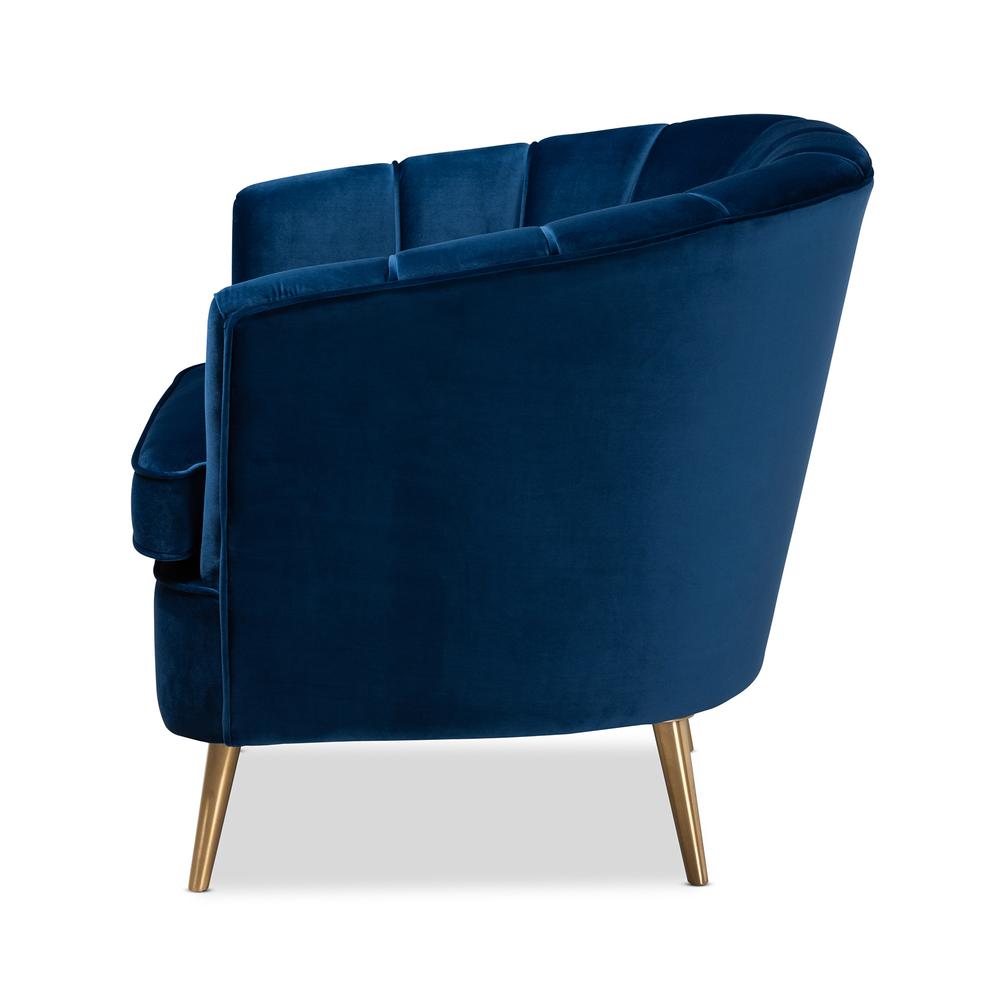 Luxe Navy Blue Velvet Fabric Upholstered Brushed Gold Finished Accent Chair. Picture 12