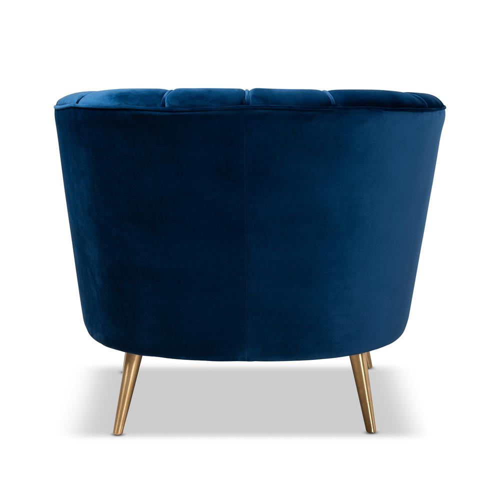 Luxe Navy Blue Velvet Fabric Upholstered Brushed Gold Finished Accent Chair. Picture 13