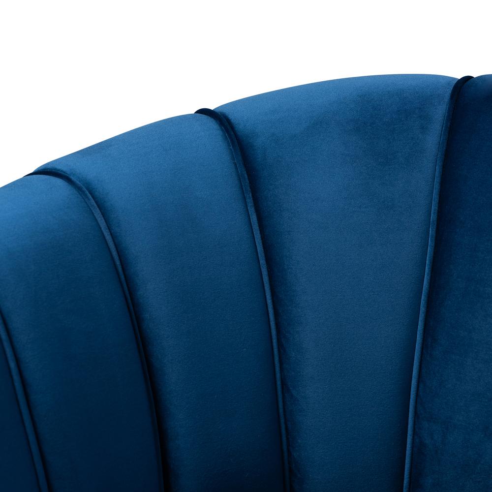 Luxe Navy Blue Velvet Fabric Upholstered Brushed Gold Finished Accent Chair. Picture 14
