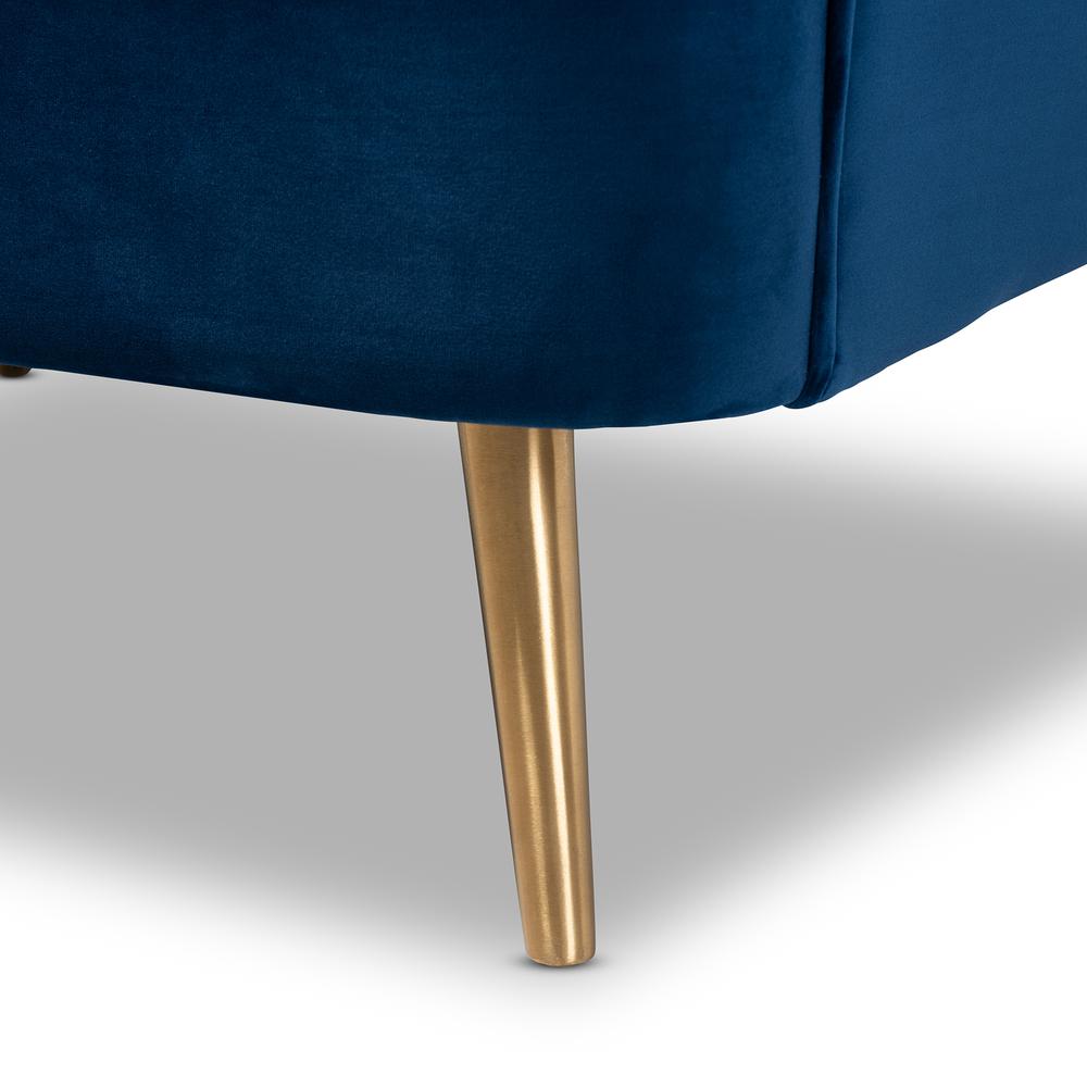 Luxe Navy Blue Velvet Fabric Upholstered Brushed Gold Finished Accent Chair. Picture 15