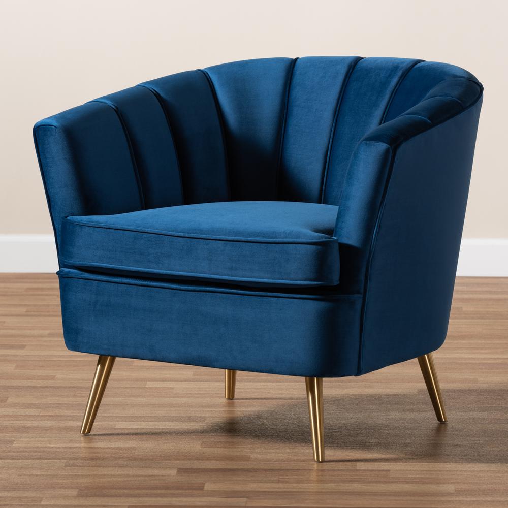 Luxe Navy Blue Velvet Fabric Upholstered Brushed Gold Finished Accent Chair. Picture 10