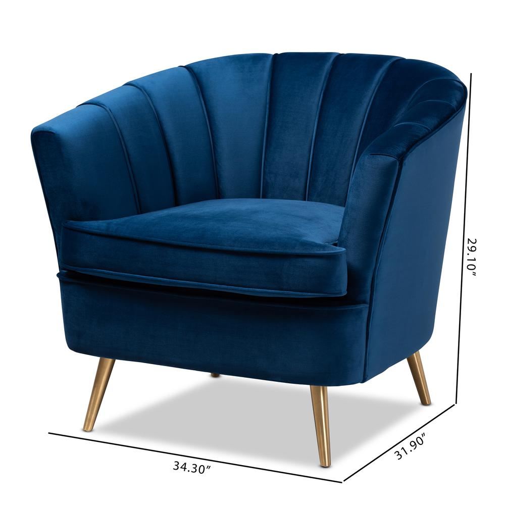 Luxe Navy Blue Velvet Fabric Upholstered Brushed Gold Finished Accent Chair. Picture 18
