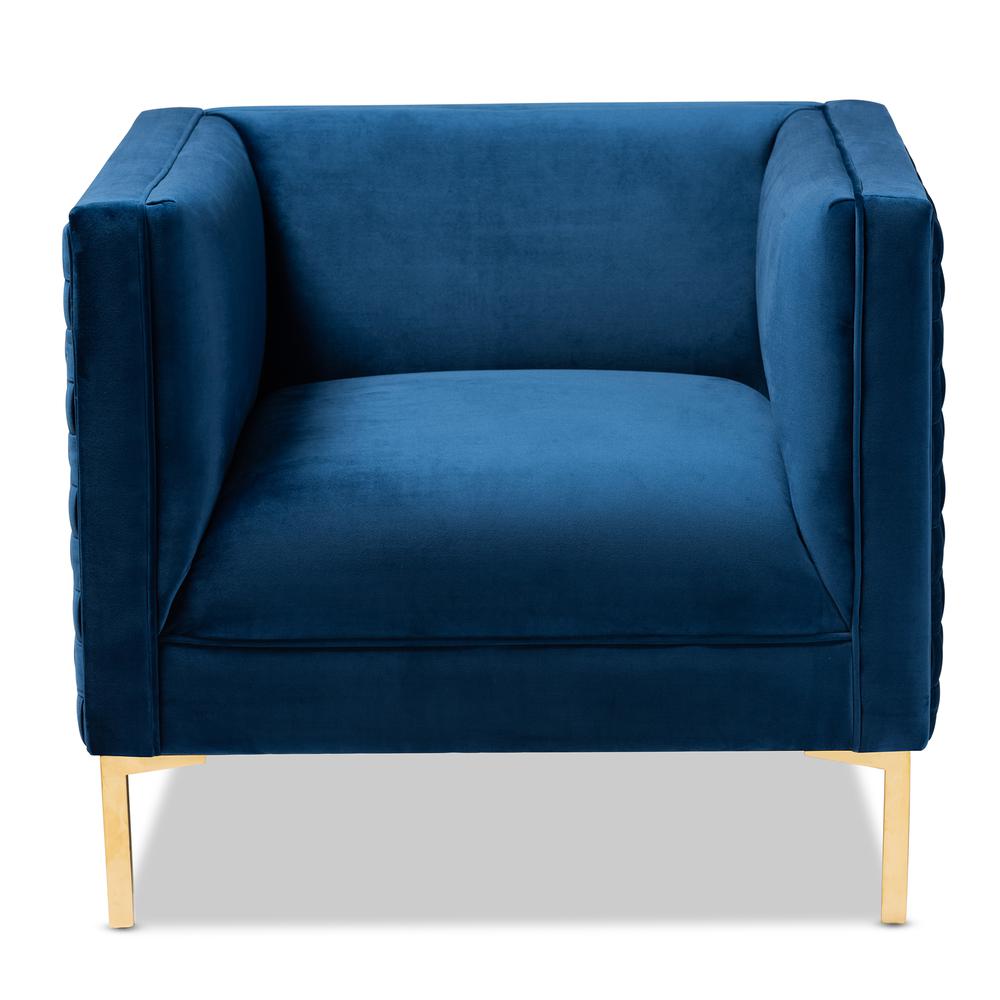 Luxe Navy Blue Velvet Fabric Upholstered Gold Finished Armchair. Picture 11
