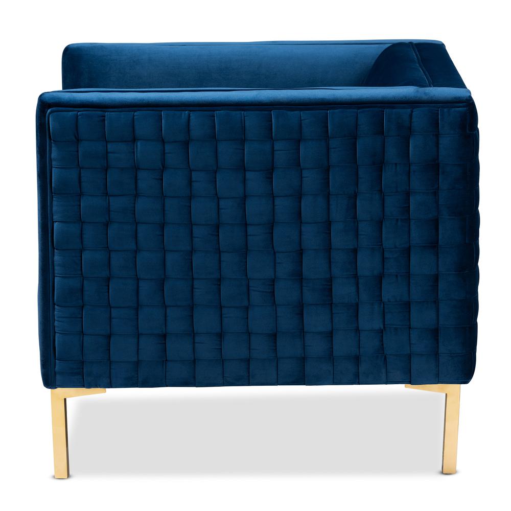 Luxe Navy Blue Velvet Fabric Upholstered Gold Finished Armchair. Picture 12