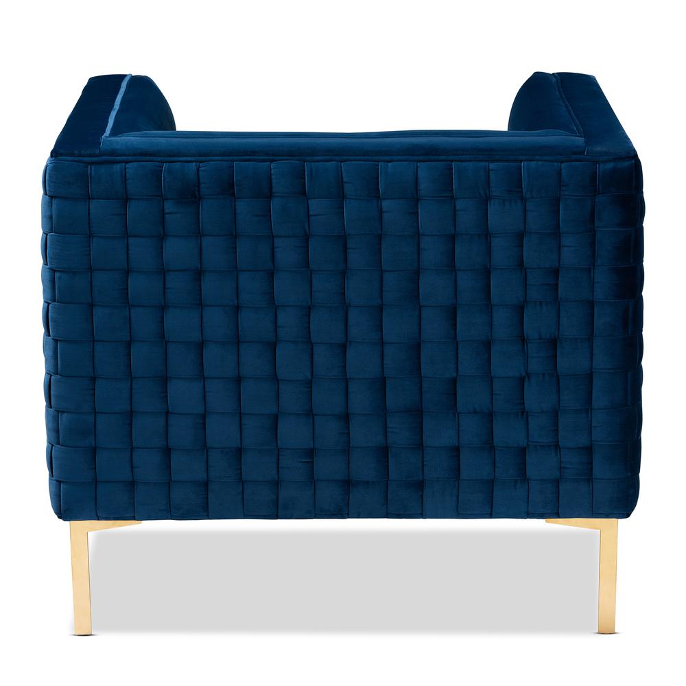 Luxe Navy Blue Velvet Fabric Upholstered Gold Finished Armchair. Picture 13