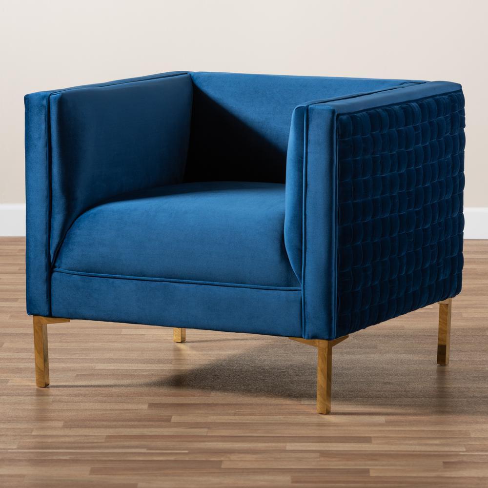 Luxe Navy Blue Velvet Fabric Upholstered Gold Finished Armchair. Picture 10
