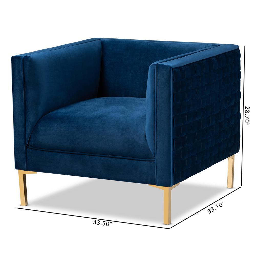 Luxe Navy Blue Velvet Fabric Upholstered Gold Finished Armchair. Picture 18