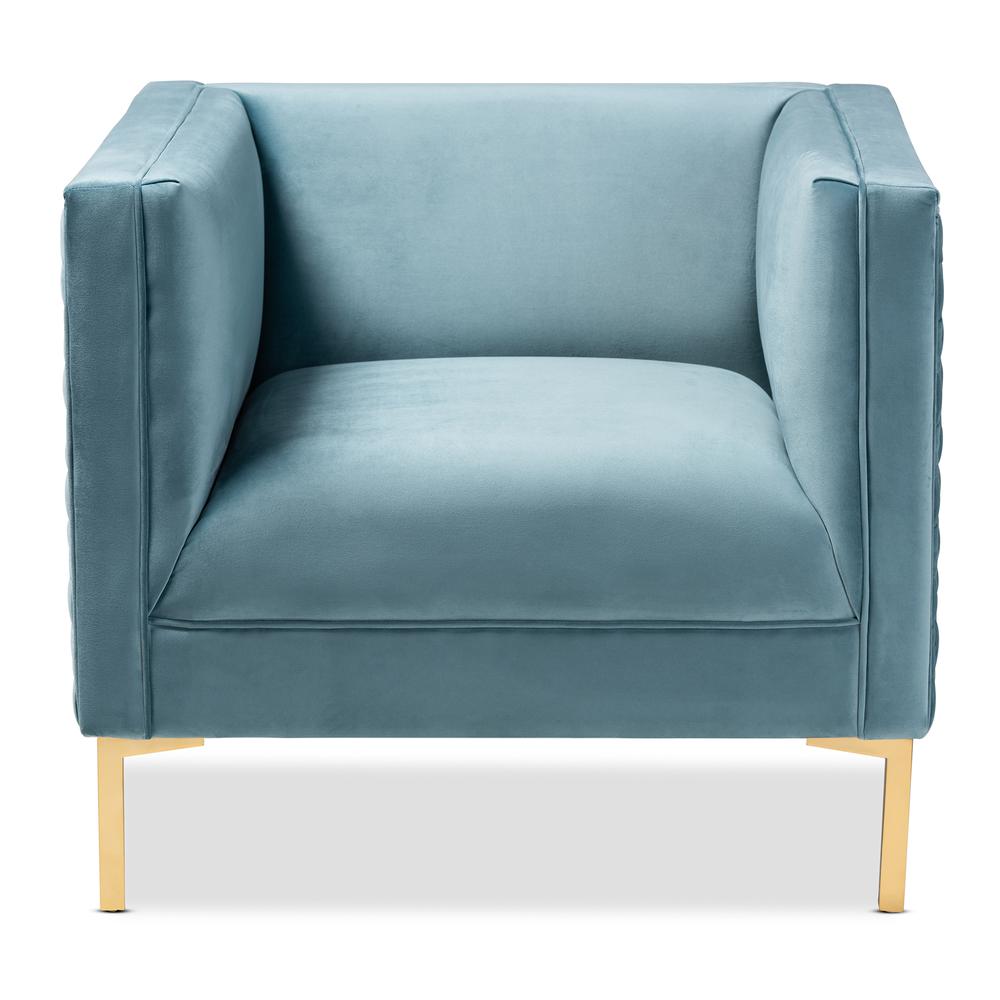 Luxe Light Blue Velvet Fabric Upholstered Gold Finished Armchair. Picture 11