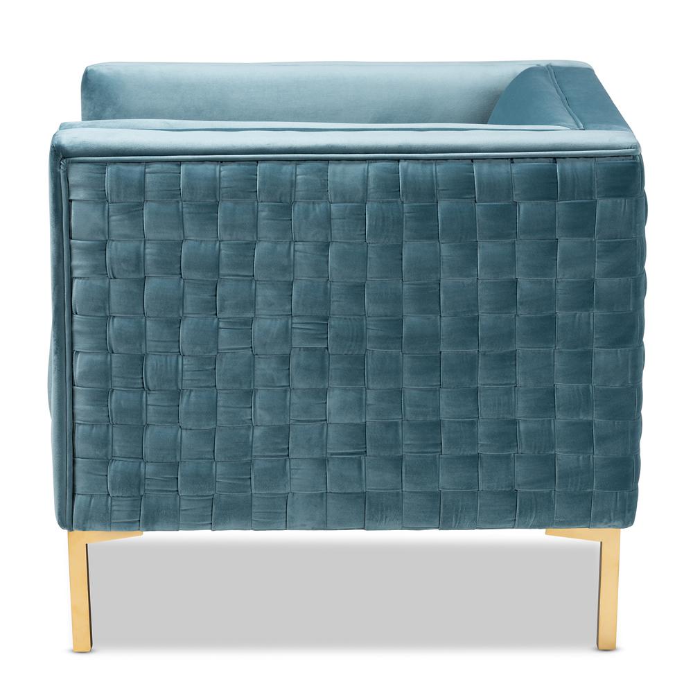 Luxe Light Blue Velvet Fabric Upholstered Gold Finished Armchair. Picture 12