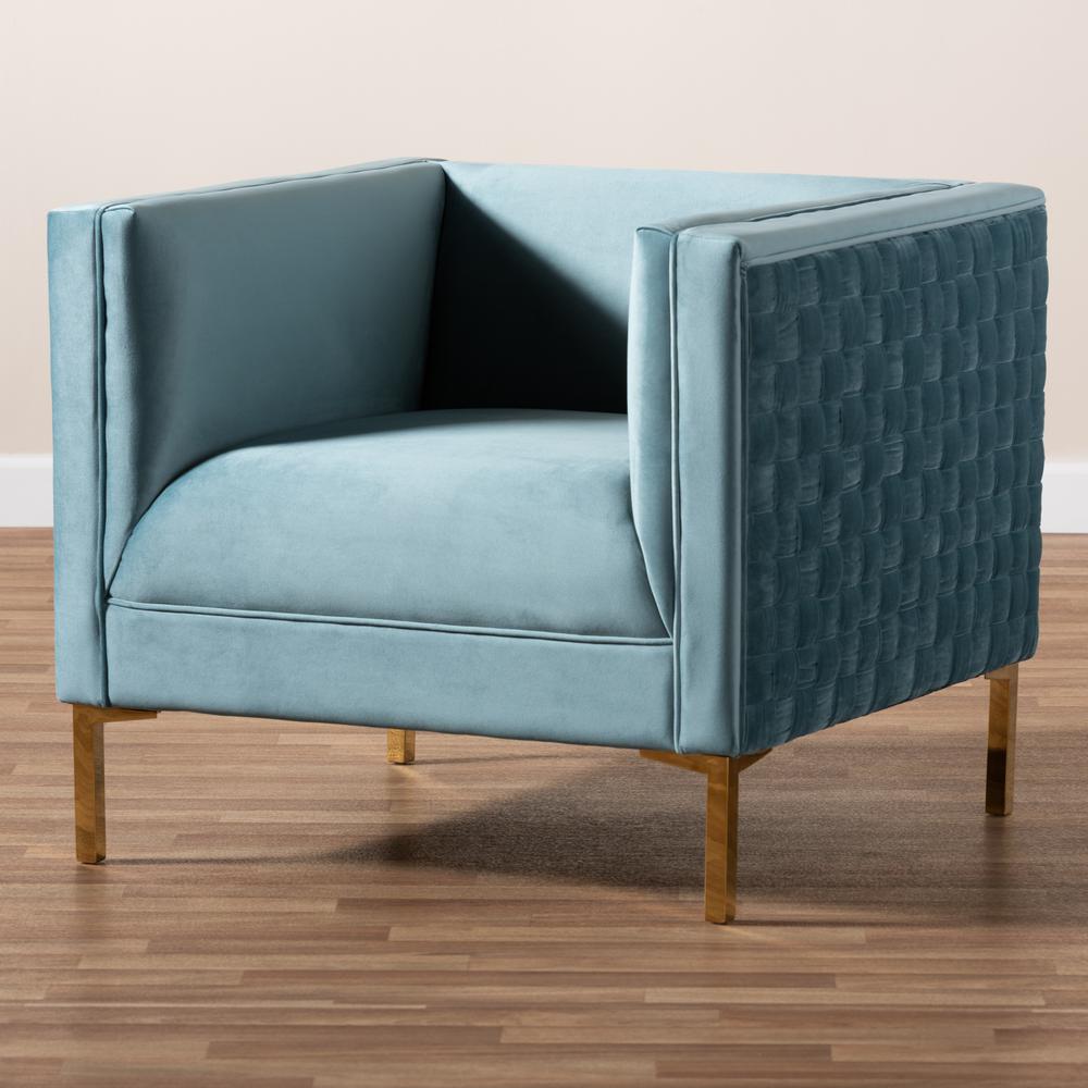Luxe Light Blue Velvet Fabric Upholstered Gold Finished Armchair. Picture 10