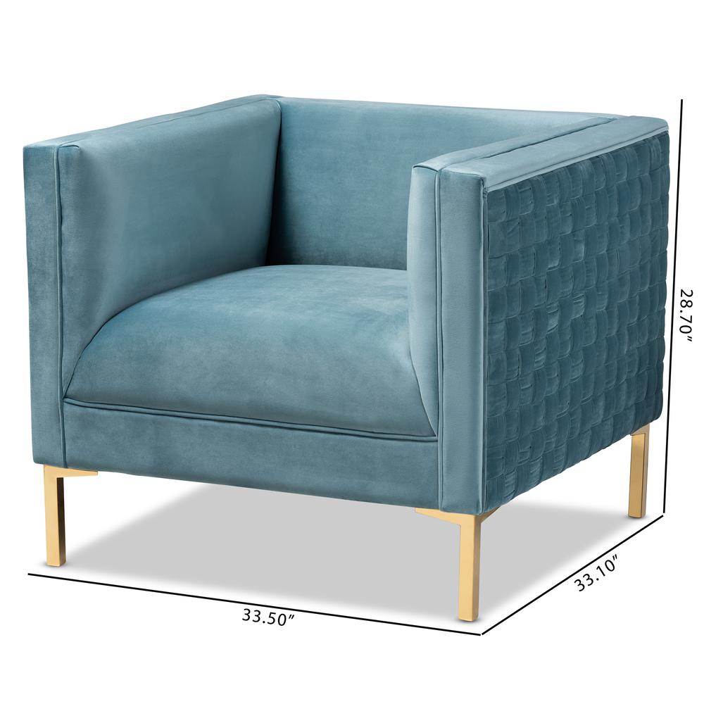Luxe Light Blue Velvet Fabric Upholstered Gold Finished Armchair. Picture 18