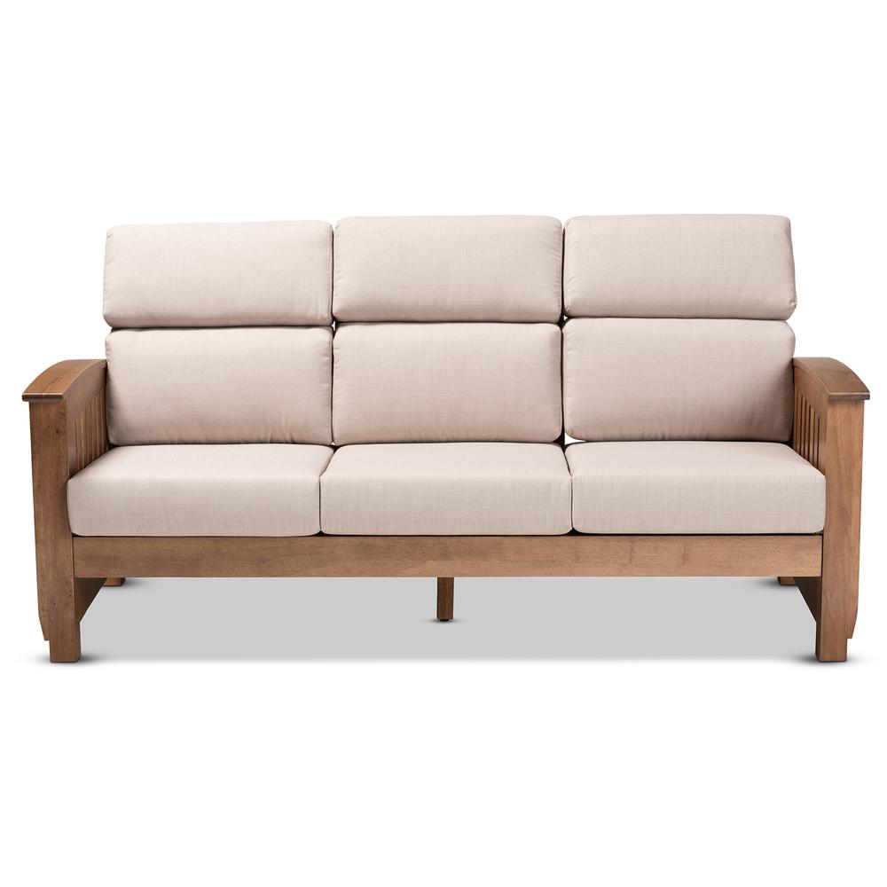 Taupe Fabric Upholstered Walnut Brown Finished Wood 3-Seater Sofa. Picture 11