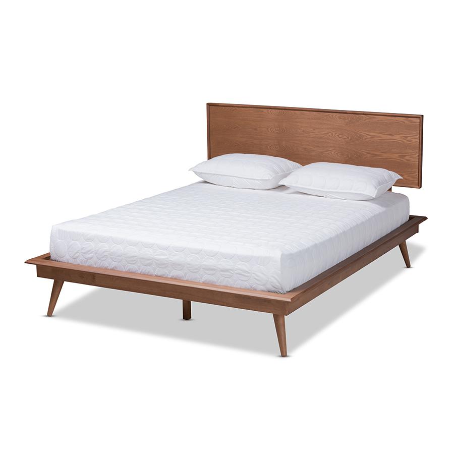 Karine Mid-Century Modern Walnut Brown Finished Wood Queen Size Platform Bed. Picture 1