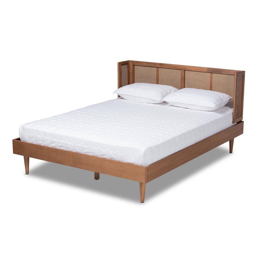 Baxton Studio Rina Mid-Century Modern Ash Wanut Finished Wood and Synthetic Rattan Full Size Platform Bed with Wrap-Around Headboard. Picture 13