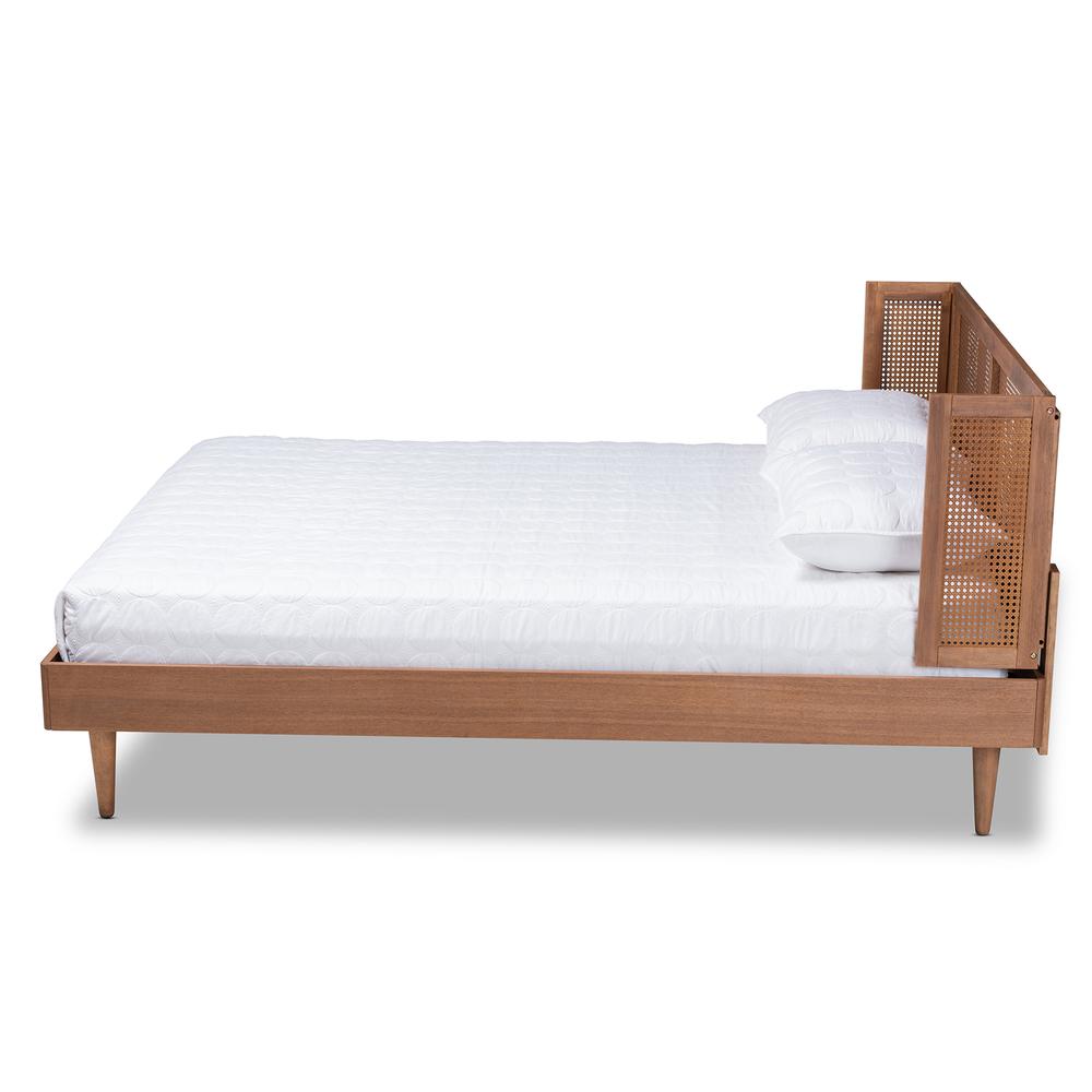 Baxton Studio Rina Mid-Century Modern Ash Wanut Finished Wood and Synthetic Rattan Full Size Platform Bed with Wrap-Around Headboard. Picture 14