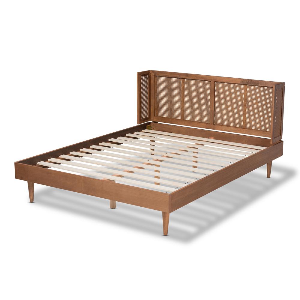 Baxton Studio Rina Mid-Century Modern Ash Wanut Finished Wood and Synthetic Rattan Full Size Platform Bed with Wrap-Around Headboard. Picture 15