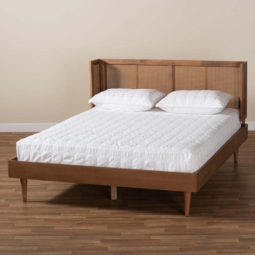 Baxton Studio Rina Mid-Century Modern Ash Wanut Finished Wood and Synthetic Rattan Full Size Platform Bed with Wrap-Around Headboard. Picture 19