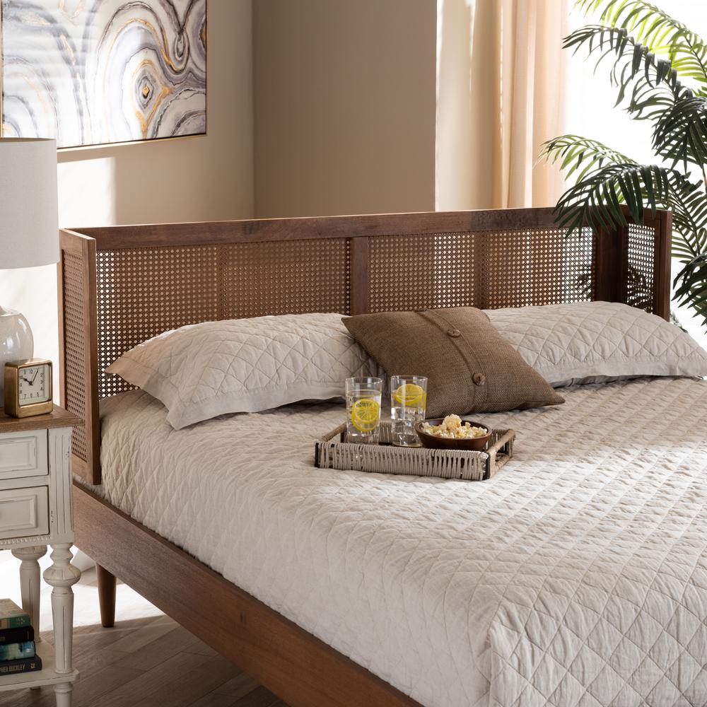 Ash Wanut Finished Wood and Synthetic Rattan Full Size Wrap-Around Headboard. Picture 9