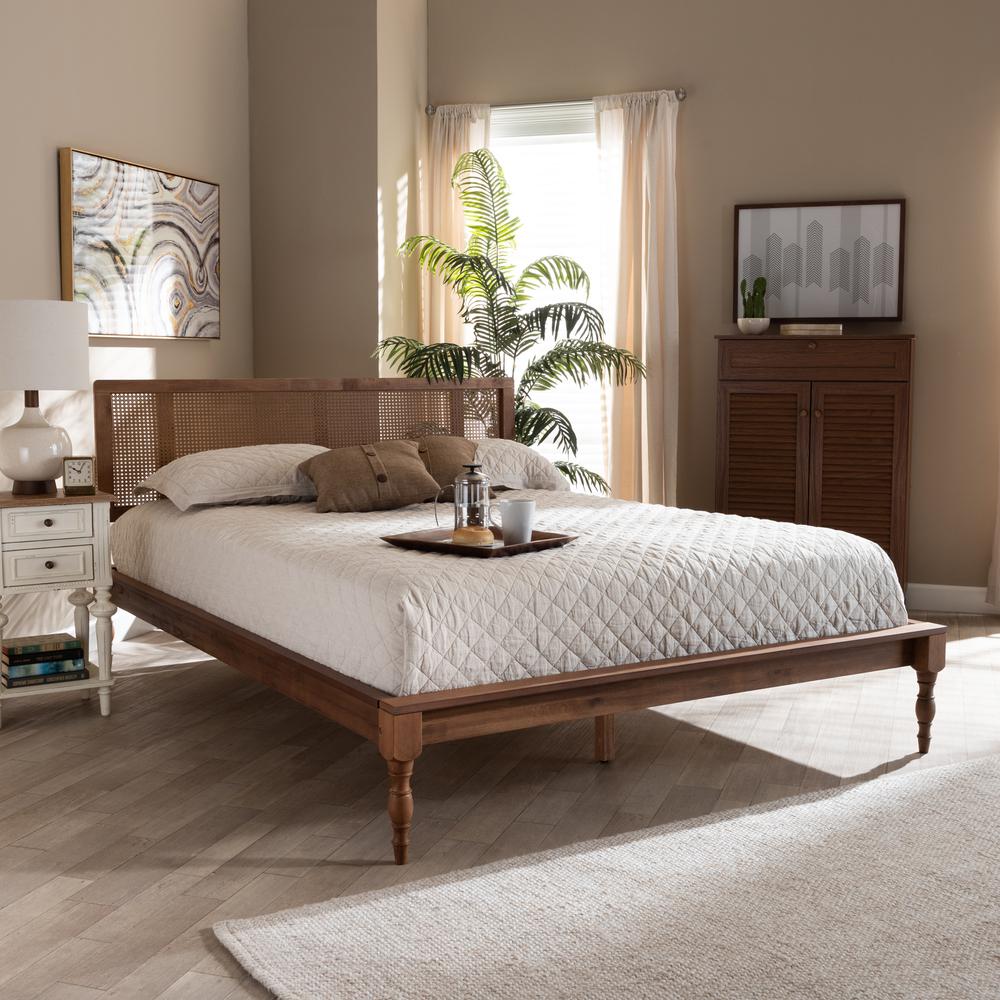Baxton Studio Romy Vintage French Inspired Ash Wanut Finished Wood and Synthetic Rattan Full Size Platform Bed. Picture 6