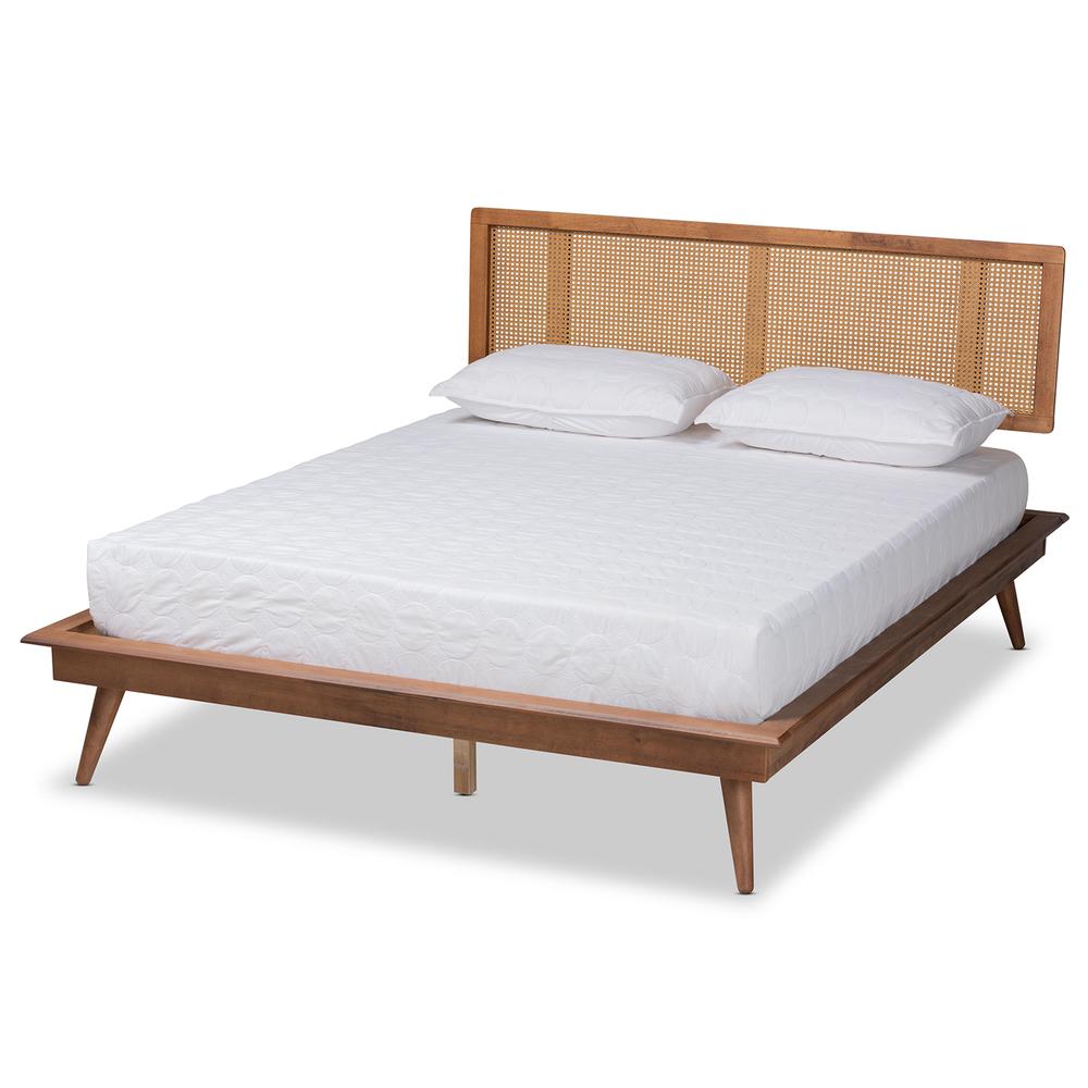 Walnut Brown Finished Wood and Synthetic Rattan Full Size Platform Bed. Picture 11