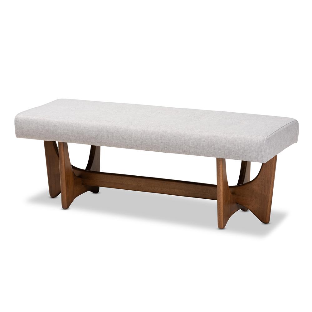 Theo Mid-Century Modern Greyish Beige Fabric Upholstered Walnut Finished Bench. Picture 9