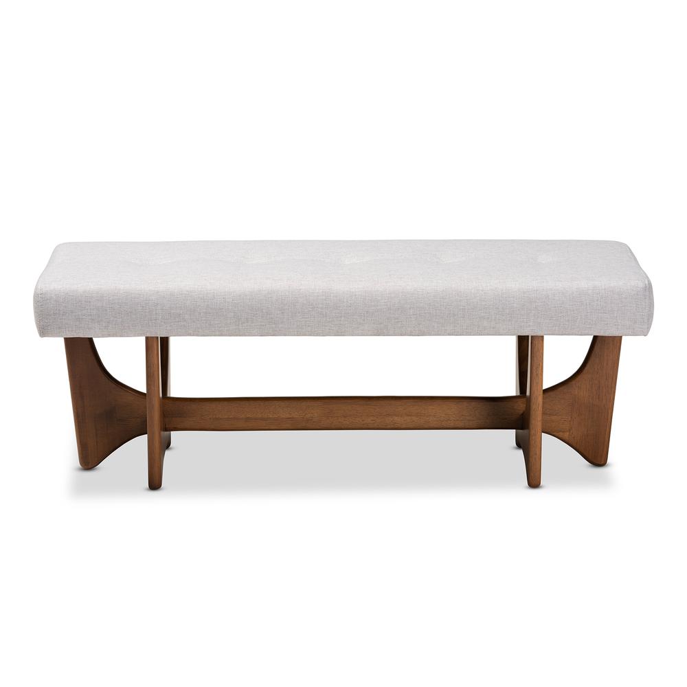 Theo Mid-Century Modern Greyish Beige Fabric Upholstered Walnut Finished Bench. Picture 10