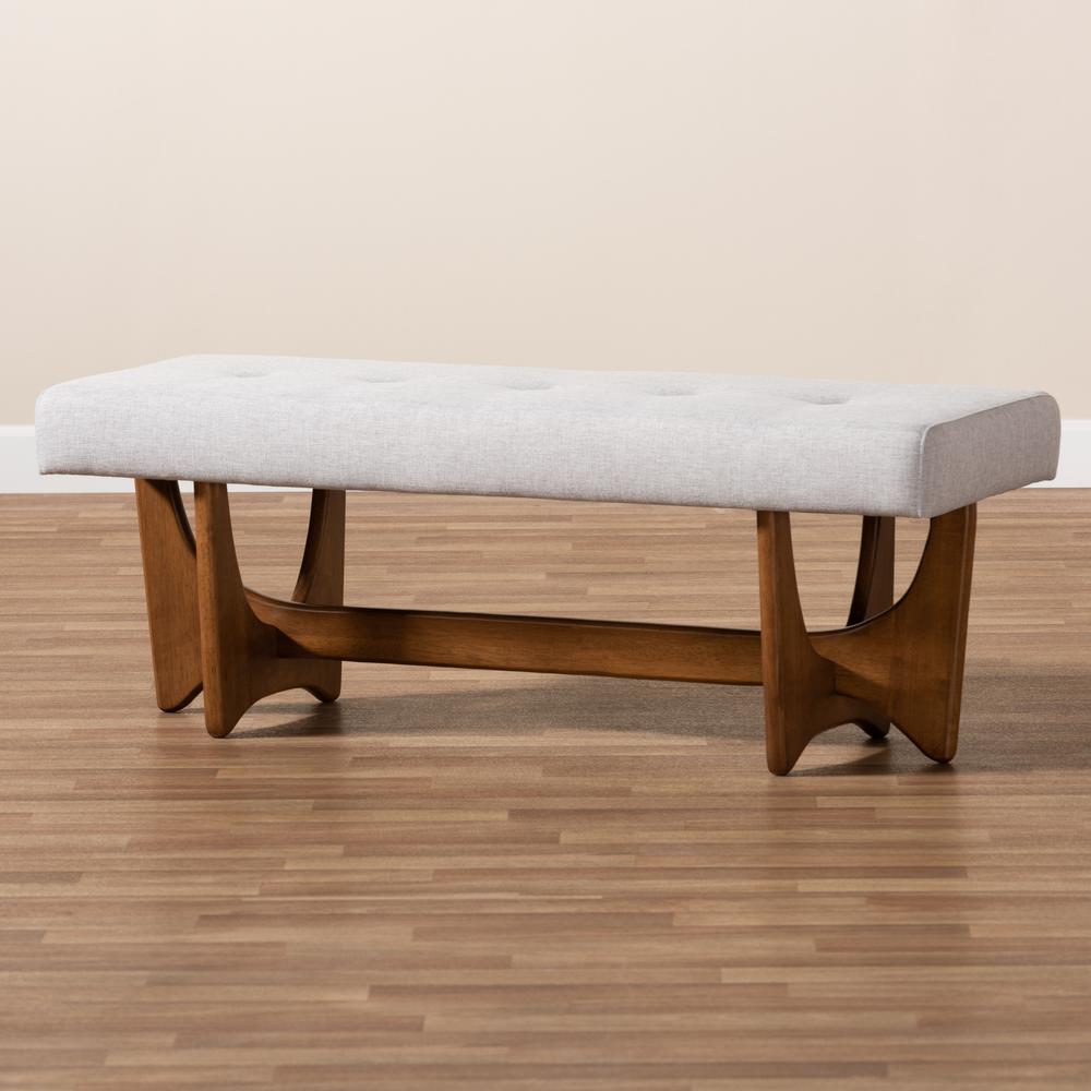 Theo Mid-Century Modern Greyish Beige Fabric Upholstered Walnut Finished Bench. Picture 15