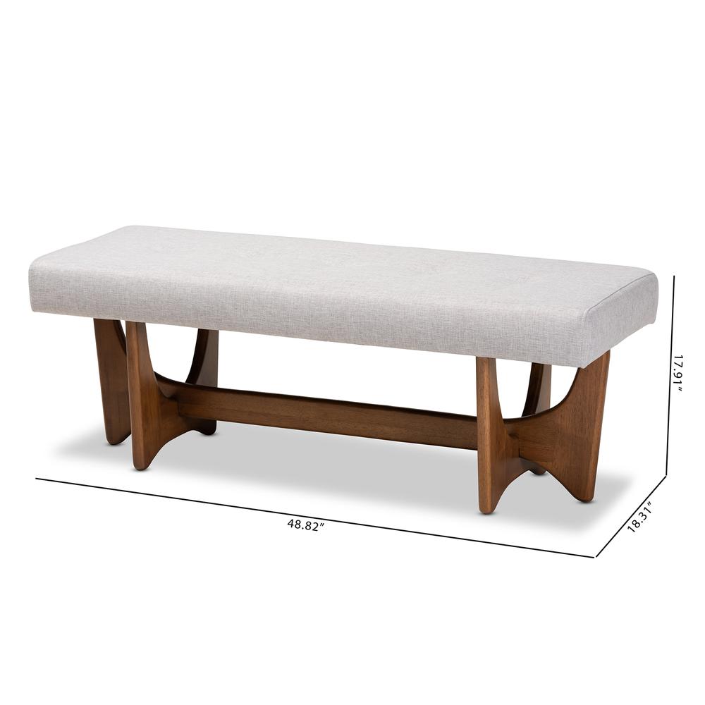 Theo Mid-Century Modern Greyish Beige Fabric Upholstered Walnut Finished Bench. Picture 16