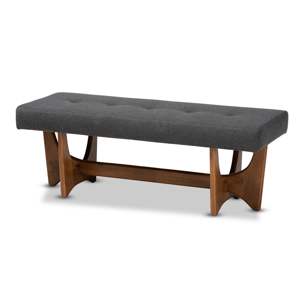Theo Mid-Century Modern Dark Grey Fabric Upholstered Walnut Finished Bench. Picture 9