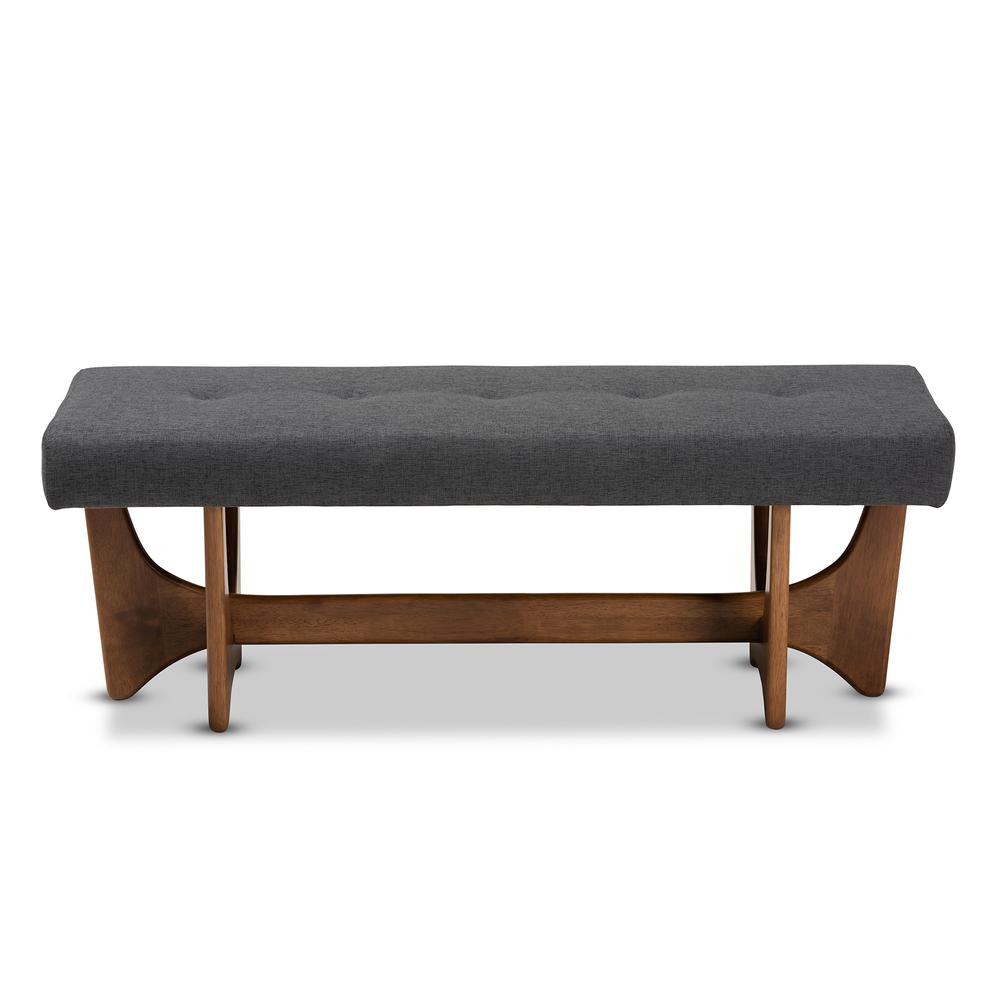 Theo Mid-Century Modern Dark Grey Fabric Upholstered Walnut Finished Bench. Picture 10
