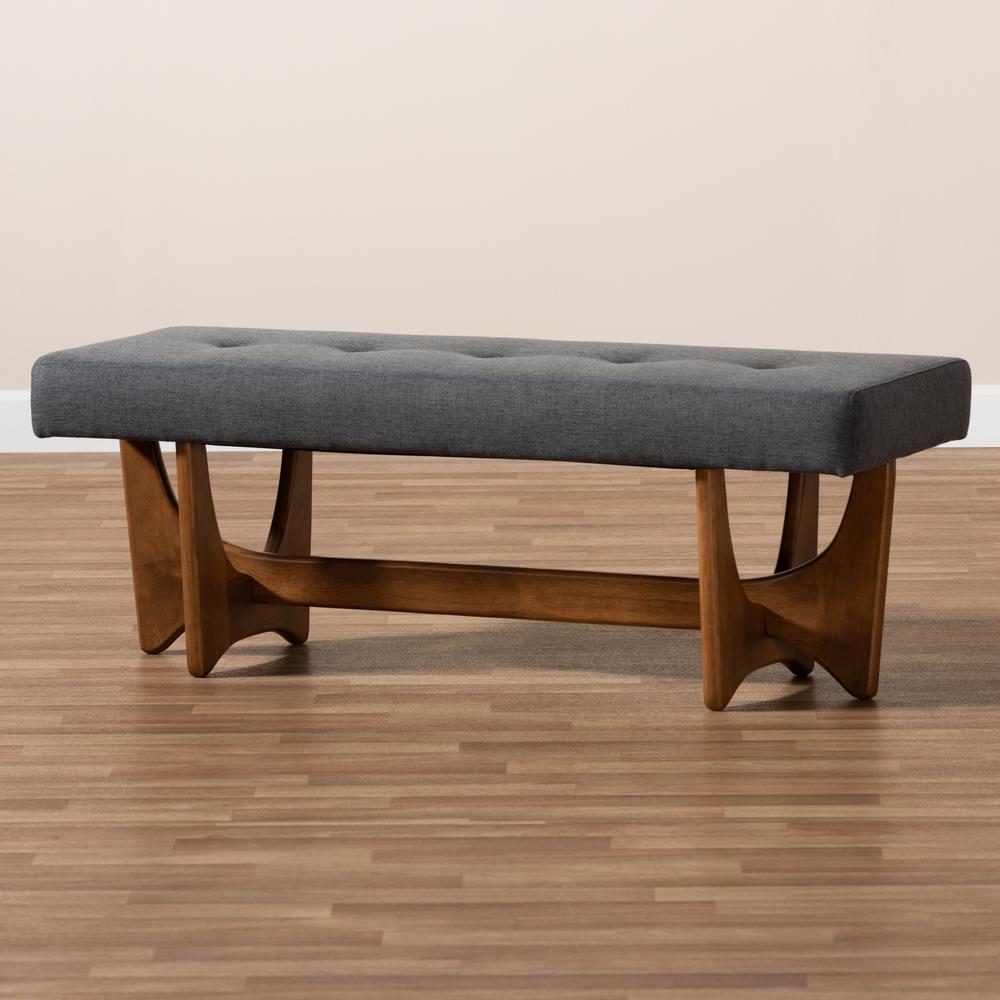 Theo Mid-Century Modern Dark Grey Fabric Upholstered Walnut Finished Bench. Picture 15