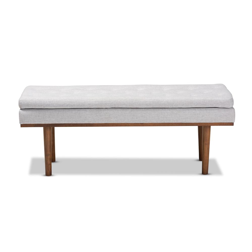Arne Mid-Century Modern Greyish Beige Fabric Upholstered Walnut Finished Bench. Picture 10
