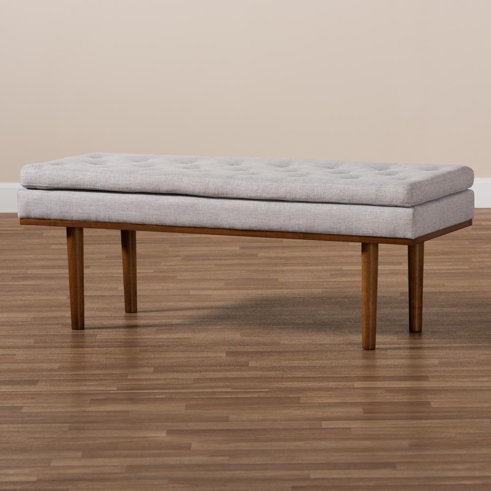 Arne Mid-Century Modern Greyish Beige Fabric Upholstered Walnut Finished Bench. Picture 15