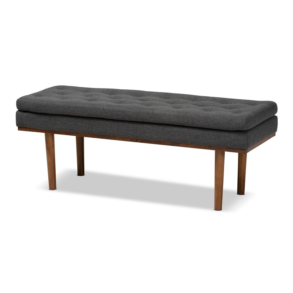 Arne Mid-Century Modern Dark Grey Fabric Upholstered Walnut Finished Bench. Picture 9