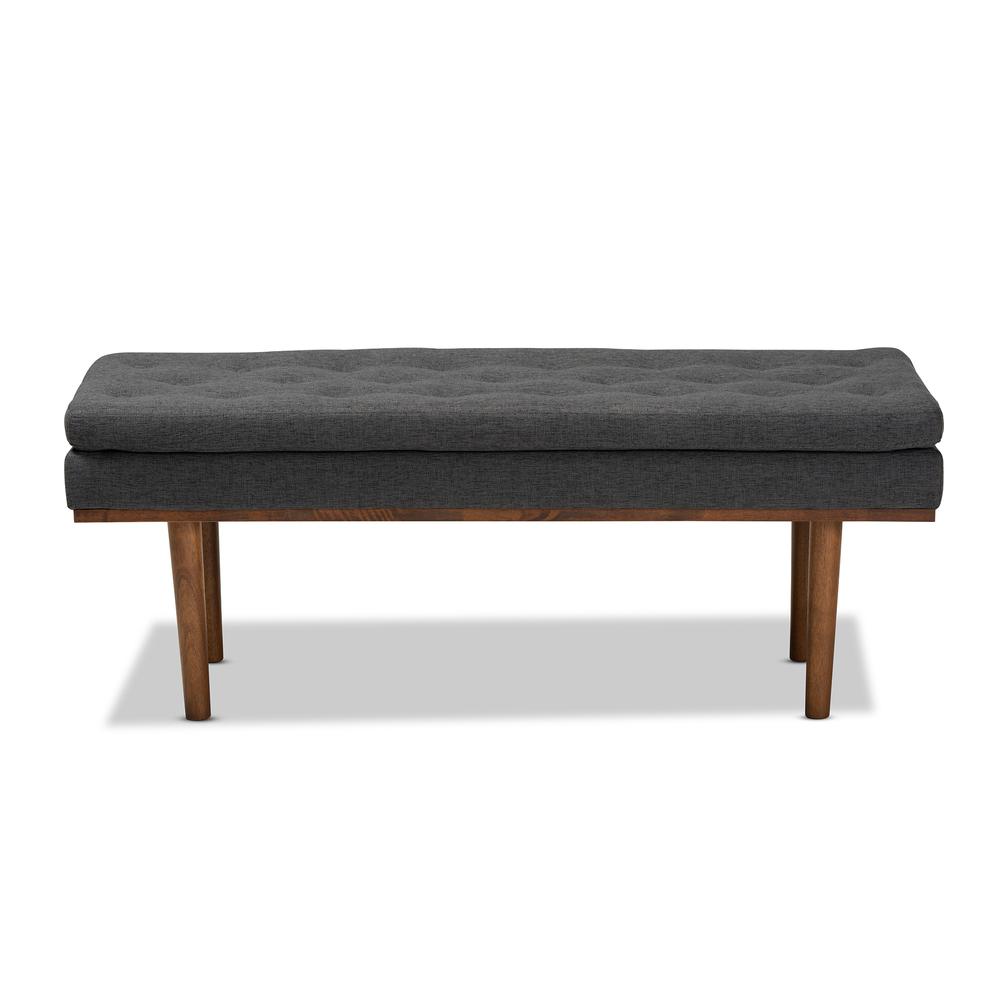 Arne Mid-Century Modern Dark Grey Fabric Upholstered Walnut Finished Bench. Picture 10