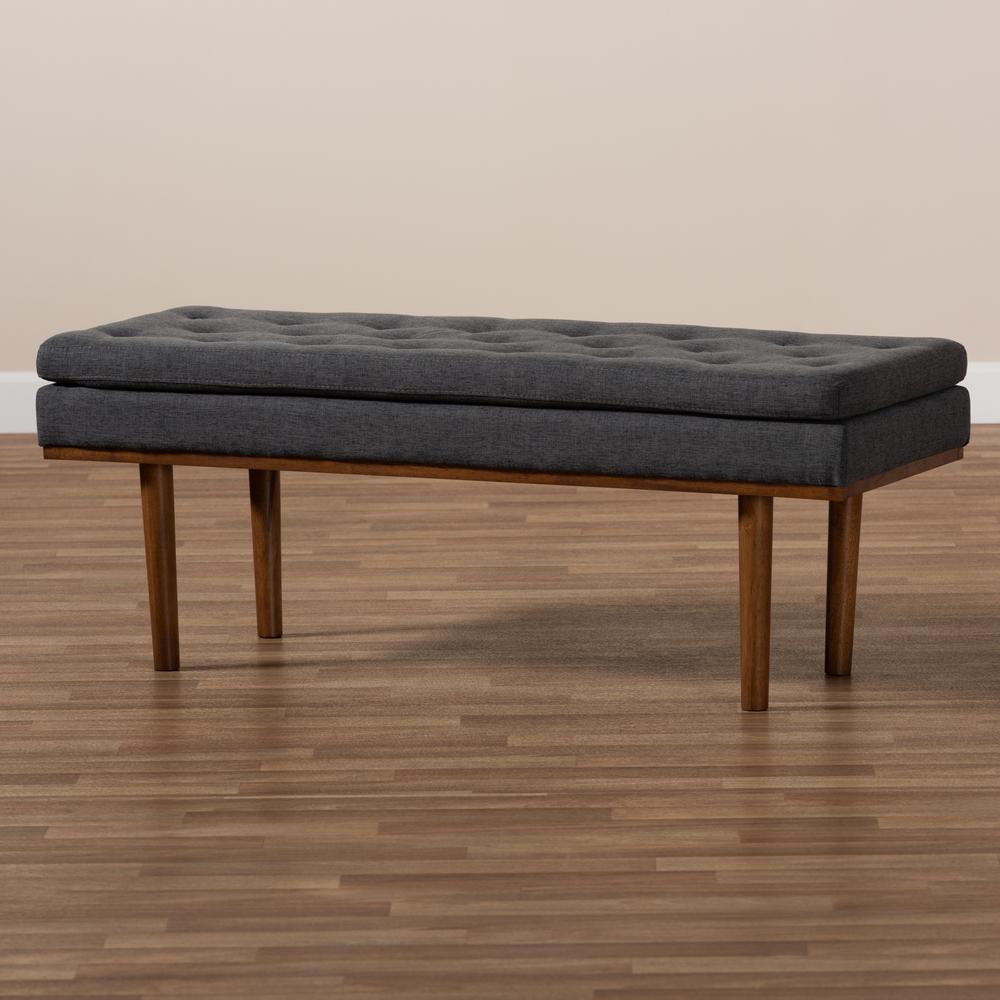 Arne Mid-Century Modern Dark Grey Fabric Upholstered Walnut Finished Bench. Picture 15