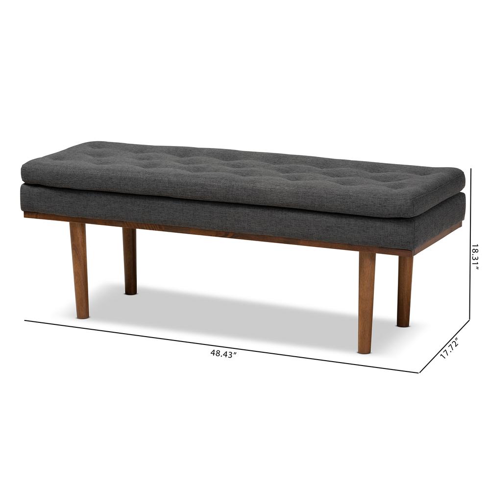 Arne Mid-Century Modern Dark Grey Fabric Upholstered Walnut Finished Bench. Picture 16