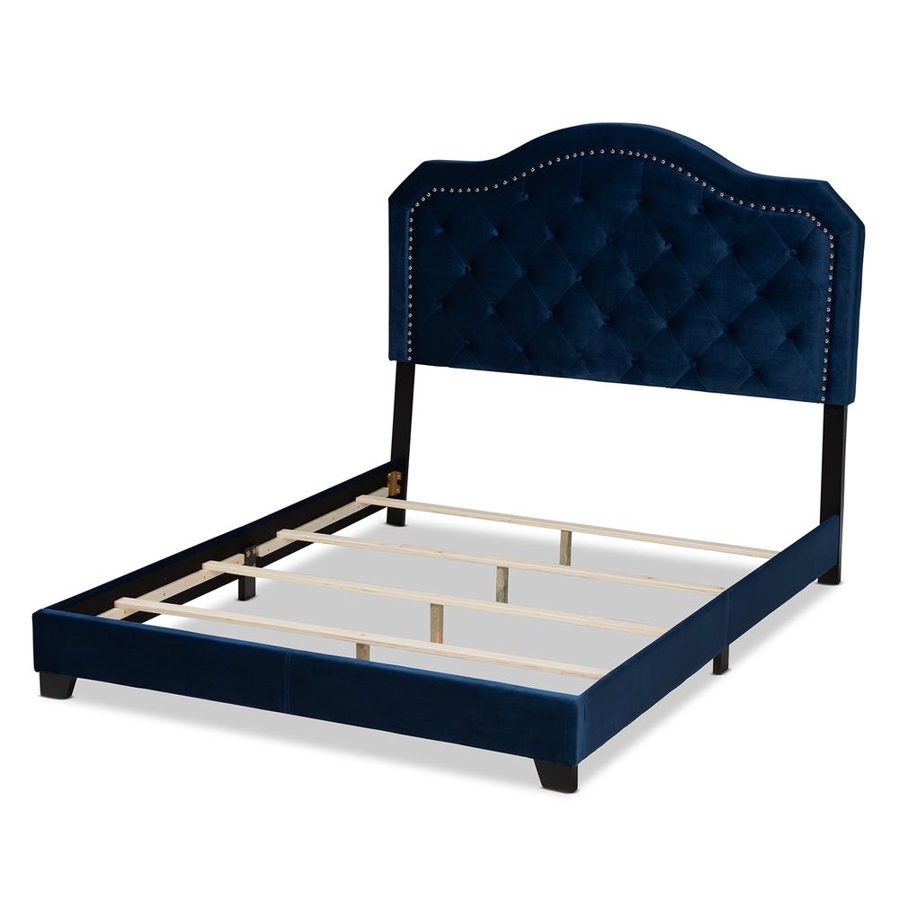 Navy Blue Velvet Fabric Upholstered Queen Size Button Tufted Bed. Picture 13