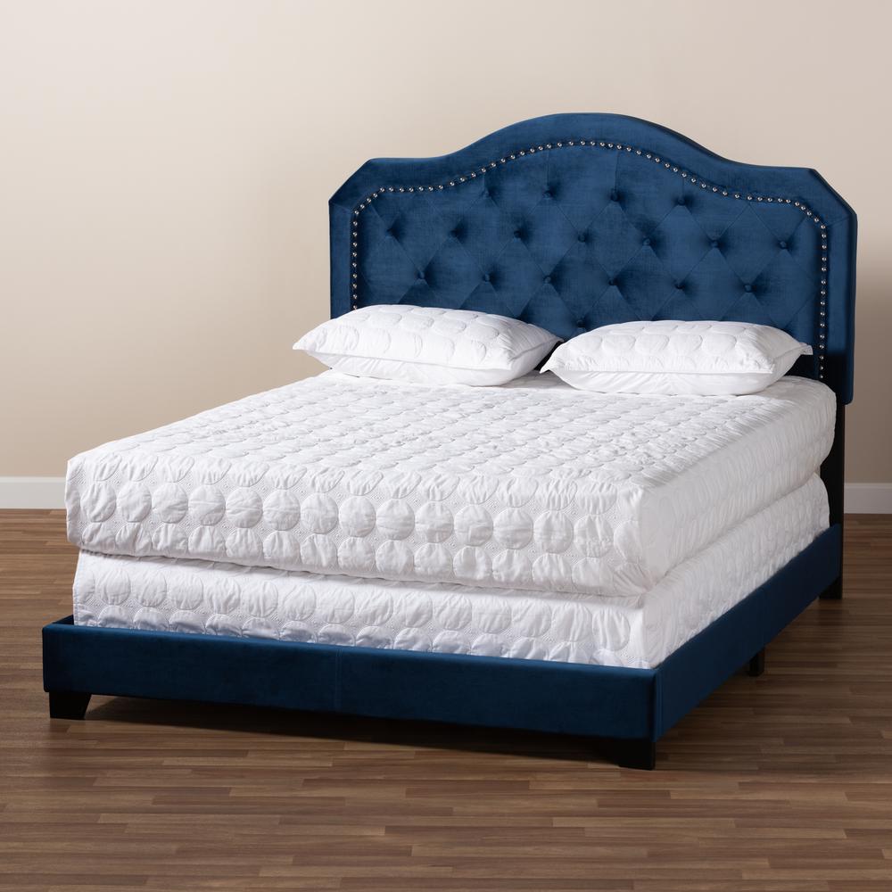 Navy Blue Velvet Fabric Upholstered Queen Size Button Tufted Bed. Picture 17