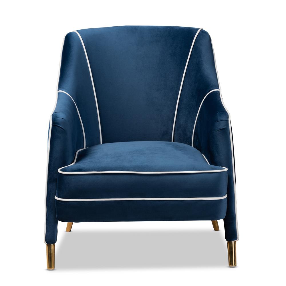 Baxton Studio Ainslie Glam and Luxe Navy Blue Velvet Fabric Upholstered Gold Finished Armchair. Picture 13