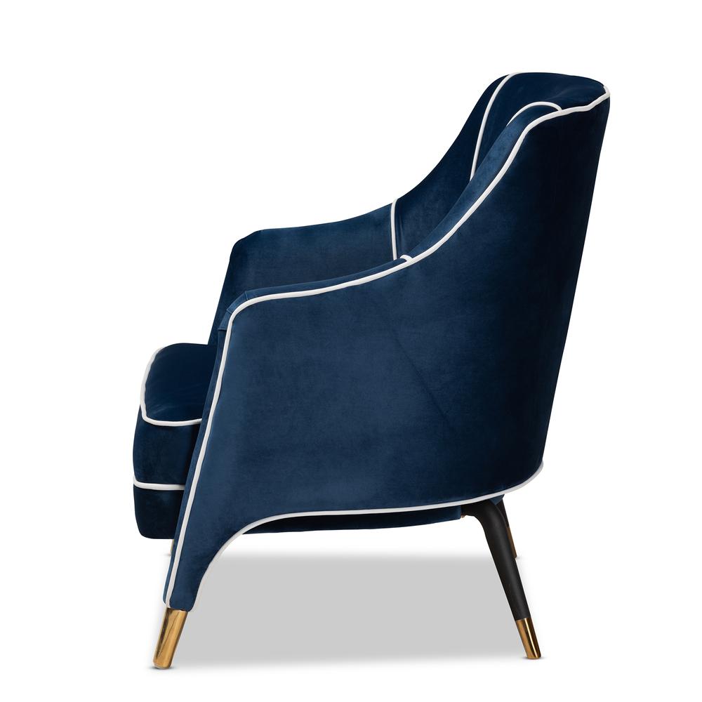 Baxton Studio Ainslie Glam and Luxe Navy Blue Velvet Fabric Upholstered Gold Finished Armchair. Picture 14