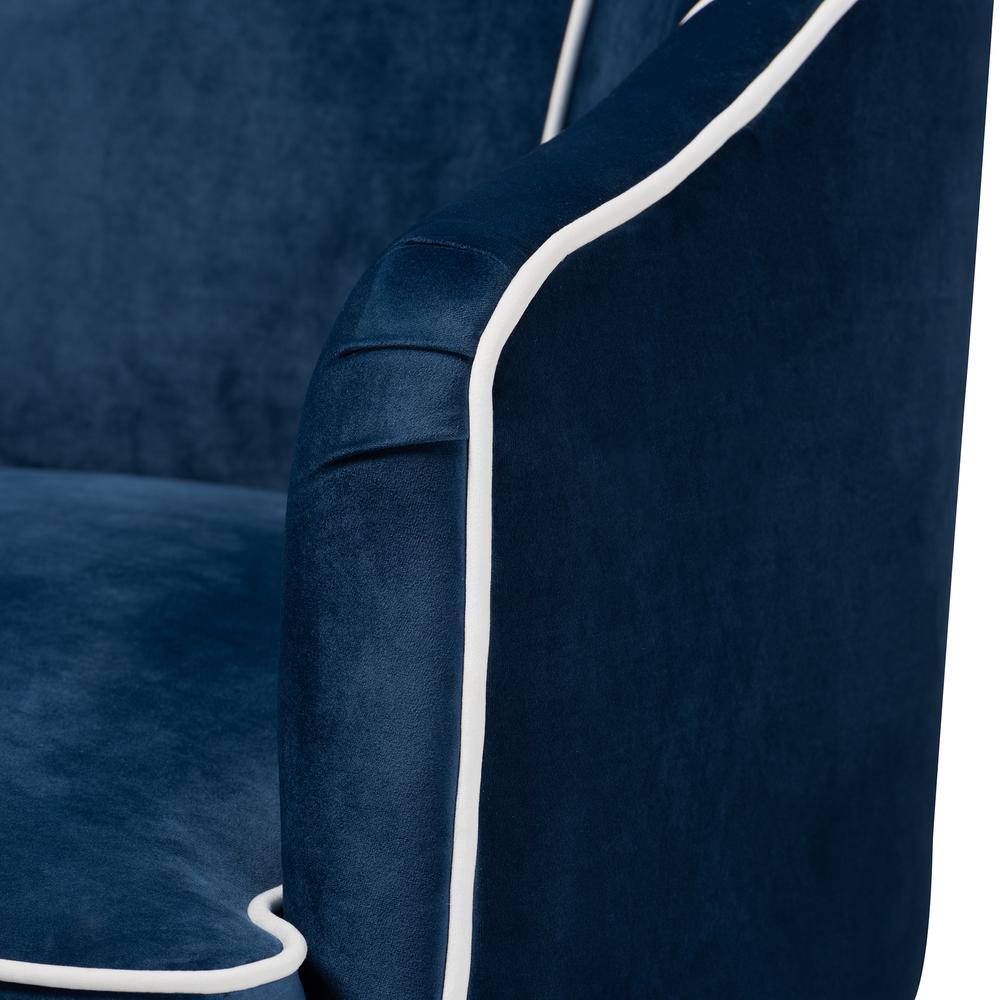 Baxton Studio Ainslie Glam and Luxe Navy Blue Velvet Fabric Upholstered Gold Finished Armchair. Picture 16