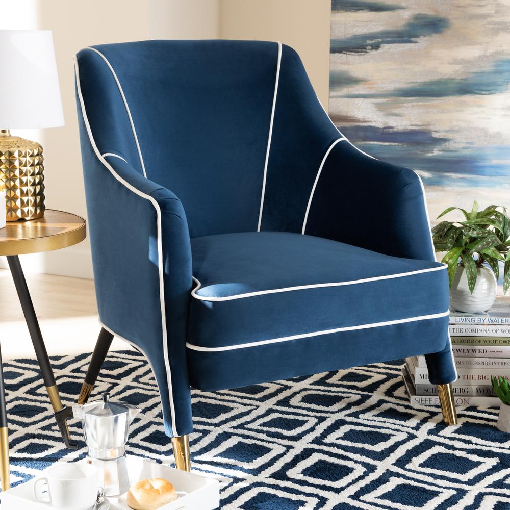 Baxton Studio Ainslie Glam and Luxe Navy Blue Velvet Fabric Upholstered Gold Finished Armchair. Picture 8